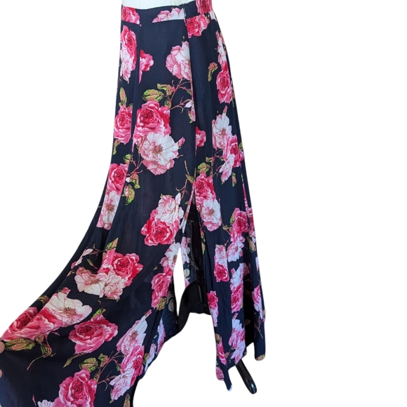 Aakka Maxi Skirt Small Floral Navy Blue and Pink with Slit Long Rayon Boho Flare - Picture 3 of 6